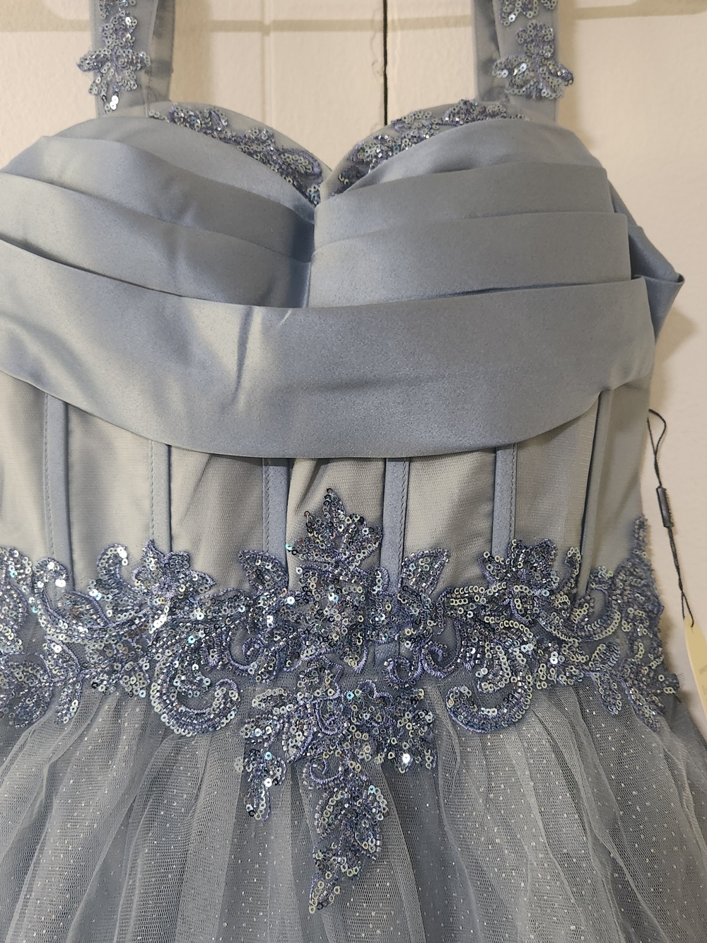 Satin & Tulle Dusty Blue Party Mini Dress - Picture 3 of 16